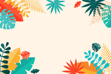 Simple Tropical Palm and Motstera Leaves Natural Background. Vector Illustration - obrazy, fototapety, plakaty