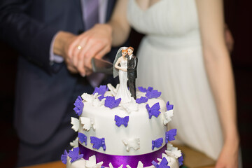 bride and groom cut wedding white cake