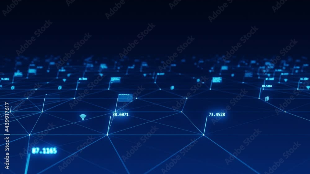Poster motion graphic of blue futuristic technology icon and line linked network connection abstract backgr