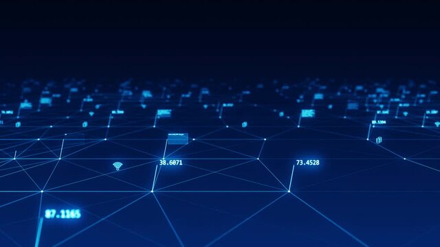Motion graphic of Blue futuristic technology icon and line linked network connection abstract background concept camera zoom seamless loop video