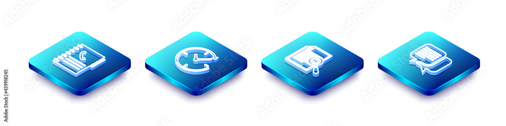 Poster set isometric line phone book, clock with arrow, document search and chat icon. vector
