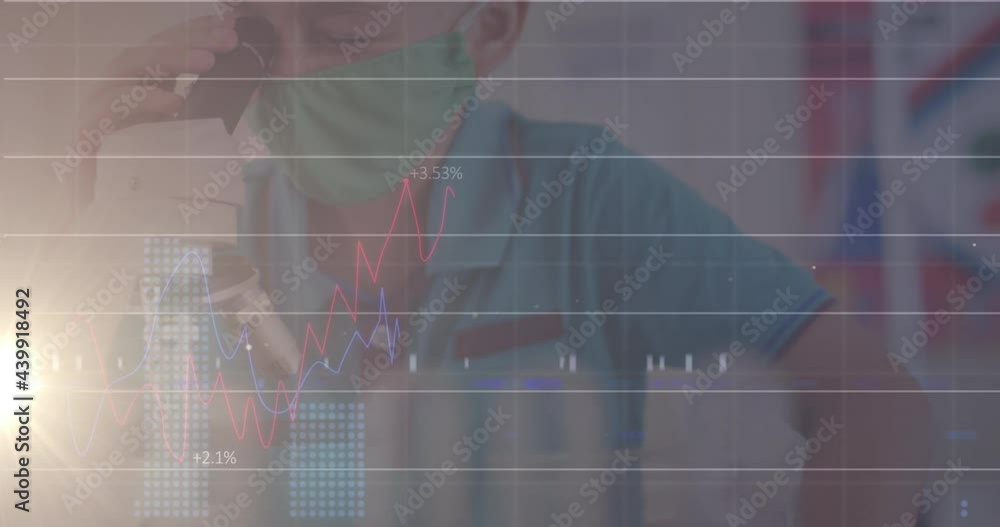 Poster animation of data processing over man wearing face mask using microphone