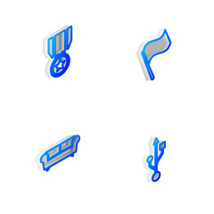 Set Isometric line Flag, Medal with star, Sofa and USB icon. Vector