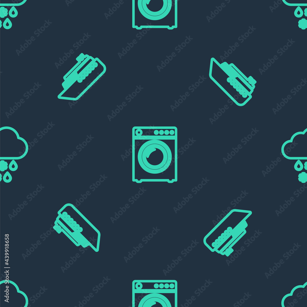Poster set line washer, ship and cloud with snow and rain on seamless pattern. vector