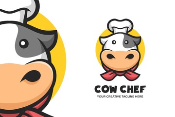 Cute Cow Chef Cartoon Mascot Logo Template