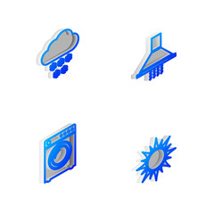 Set Isometric line Kitchen extractor fan, Cloud with snow, Washer and Sun icon. Vector