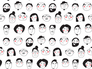 Seamless black and white background with people faces. Line art, hand-drawn graphics. Different men and women, girls and boys. Vector illustration, pattern in cartoon style