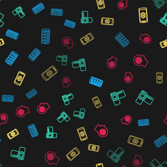 Set line Smartphone with contacts, Cinema camera, dollar and Head hunting concept on seamless pattern. Vector