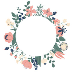 botanic card with wild flowers, leaves. Spring ornament concept.  Vector layout decorative greeting card or invitation design background. Hand drawn illustration. Decorative floral wreath.