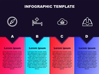 Set line Wind rose, Hospital bed, Cloud download and Upload inbox. Business infographic template. Vector