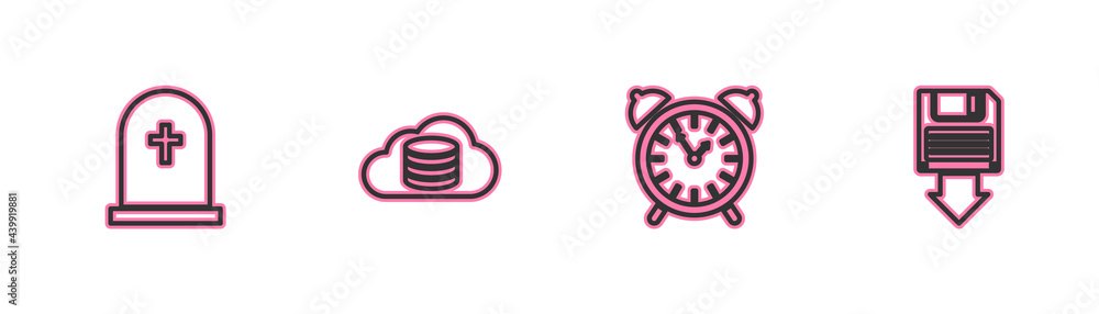 Poster set line tombstone with cross, alarm clock, cloud database and floppy disk backup icon. vector
