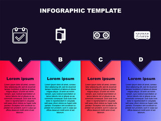 Set line Calendar with check mark, IV bag, Stereo speaker and Retro flip clock. Business infographic template. Vector