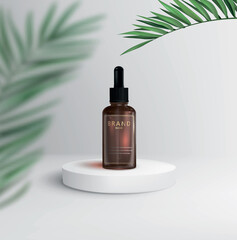 A bottle of essence for the face on the runway in a minimalist style. The cosmetic product is displayed on a pedestal decorated with palm plants. Realistic vector image. - obrazy, fototapety, plakaty