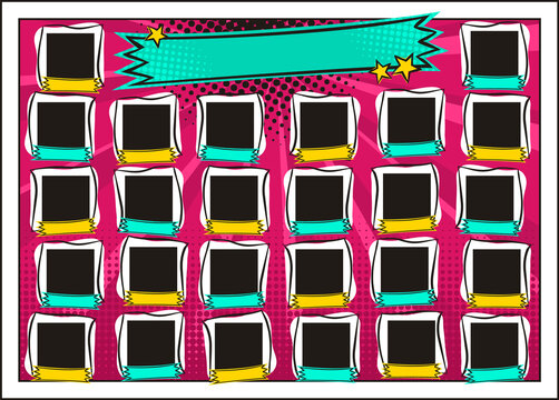 Comic Photo frame for group photos of children in pop art style. A photo album for a class or community. Vector Template for the design of frames for Kindergarten, photographs, posters, cards.
