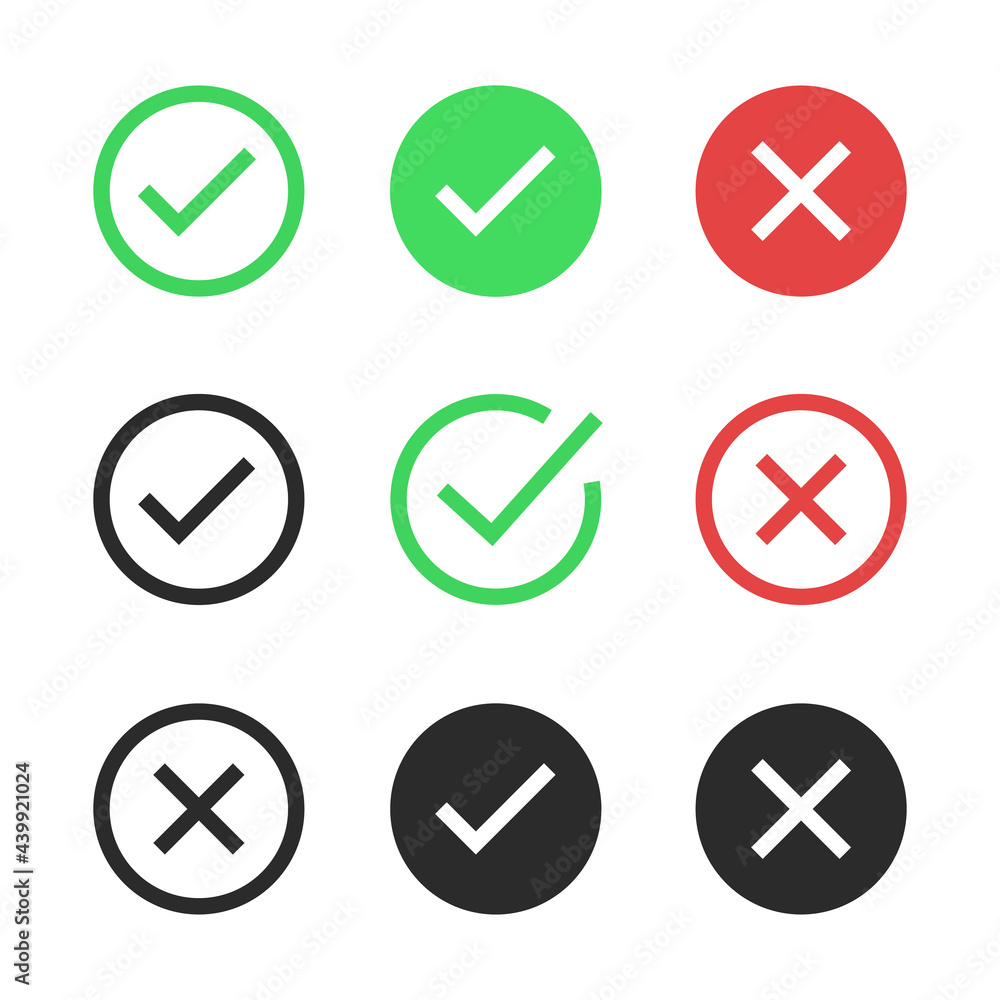 Poster round check mark icon set vector. checkmark, cross, x mark in a circle isolated on white backcround.