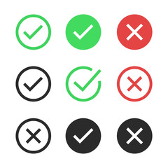 Round Check Mark Icon Set Vector. Checkmark, Cross, x mark in a circle isolated on white backcround. Editable Stroke. Vector illustration