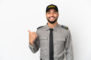 Young arab man isolated on white background pointing to the side to present a product