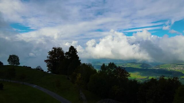 Flying into clouds in Seebodenalp - Switzerland. Mount Rigi