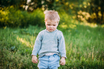 Cute and handsome baby boy 1-2 years old exploring nature in summer, having fun
