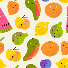 Cute fruit with faces summer pattern. Tropical seamless fabric print with fruits: lemon, watermelon, pear, mango, orange and others. Flat hand drawn textured illustration.