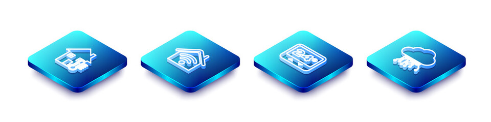 Set Isometric line House temperature, Smart home with wi-fi, Thermostat and Internet of things icon. Vector