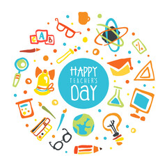 Happy Teacher Day Banner Template, Education Supplies Pattern of Round Shape, Brochure, Banner, Flyer Design Vector Illustration