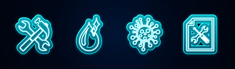 Set line Crossed hammer and wrench, Clean water drop, Bacteria and File document service. Glowing neon icon. Vector