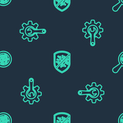 Set line Stop virus, bacteria, Wrench and gear and Microorganisms under magnifier on seamless pattern. Vector