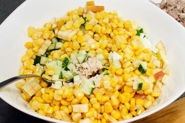 Fresh cucumber, corn and chicken salad.