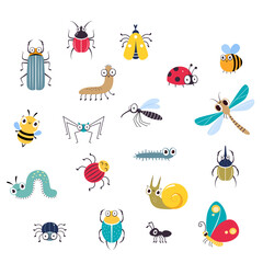 Cute Funny Insects Set, Beetle, Mosquito, Dragonfly, Butterfly, Bee, Caterpillar, Snail, Ant, Spider Creatures Cartoon Vector Illustration