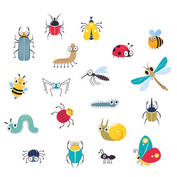 Cute Funny Insects Set, Beetle, Mosquito, Dragonfly, Butterfly, Bee, Caterpillar, Snail, Ant, Spider Creatures Cartoon Vector Illustration