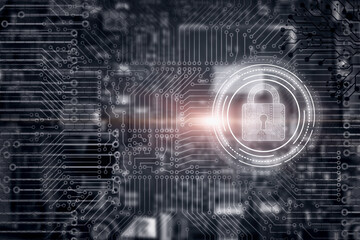 Obraz premium Security lock on the background of the computer board.