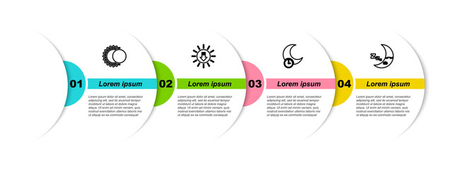 Set line Eclipse of the sun, Sunset, Sleeping moon and Moon icon. Business infographic template. Vector