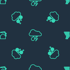 Set line Cloud with rain and lightning, snow and Tornado swirl on seamless pattern. Vector