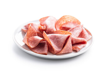 Sliced smoked salami on plate