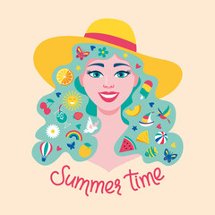 Happy girl portrait. Woman face. Summer time concept with simbols of season rest: travelling, beach, fruits. Vector illustration, character. Poster, card, print, shopping bag, flyer, shopping bag