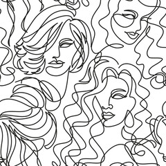 Seamless pattern with femail hairstyles. Woman face background. Vector illustration, line art, continuous line, minimalism, black and white. Wallpaper, texture, print for textile, fabric, packaging
