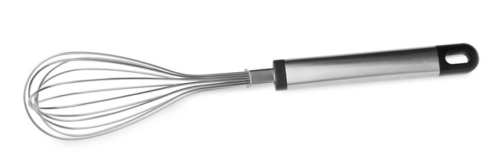 New metal balloon whisk isolated on white, top view