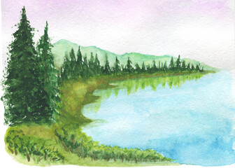Watercolor clipart, Mountains lake trees clouds travel painting landscape watercolor  wall art.Watercolor clipart Mountains, Summer camping .