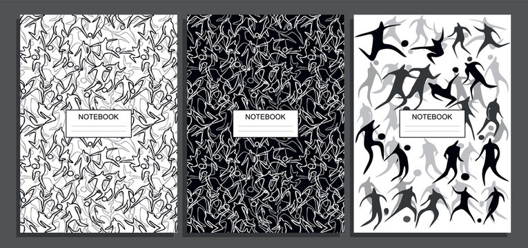 Book cover design. School notebook. Abstract background. Vector illustration. a set of silhouettes of football players in the game. Contour style. Black and white doodles. Vector illustration.