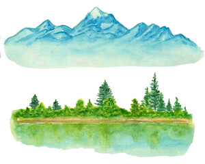 Watercolor clipart, Mountains lake trees clouds travel painting landscape watercolor  wall art.Watercolor clipart Mountains, Summer camping .