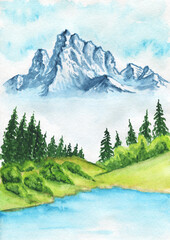 Watercolor clipart Mountains, Summer camping . landscape, travel, watercolor forest, wall art.