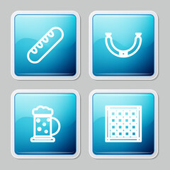 Set line French baguette bread, Sausage, Wooden beer mug and Checkered napkin icon. Vector