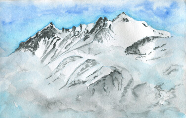 Obraz premium Watercolor clipart Mountains, Summer camping . landscape, travel, watercolor forest, wall art.