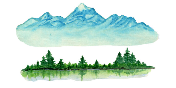 Watercolor clipart, Mountains lake trees clouds travel painting landscape watercolor  wall art.Watercolor clipart Mountains, Summer camping .