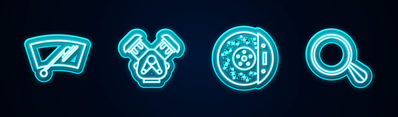 Set line Windscreen wiper, Car engine, brake disk with caliper and mirror. Glowing neon icon. Vector