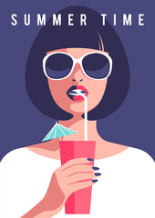 Fototapeta Summer party, vacation and travel concept. Young woman in sunglasses drinks cocktial. Vector illustration for flyer or poster design in minimalistic style. obraz