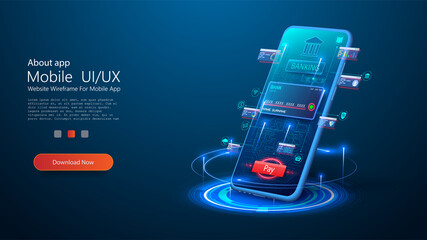 Smart wallet concept with credit or debit card payment application on smartphone screen. Internet banking app. Mobile phone payment with NFC technology, High level payment security. E-payment screen
