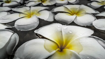 Beautiful close up of frangipani flowers bathing in water with grace and elegance, perfect tropical plumeria flowers background