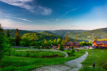 Obraz premium Scenery of the Silesian Beskids from Rownica peak at sunrise. Poland